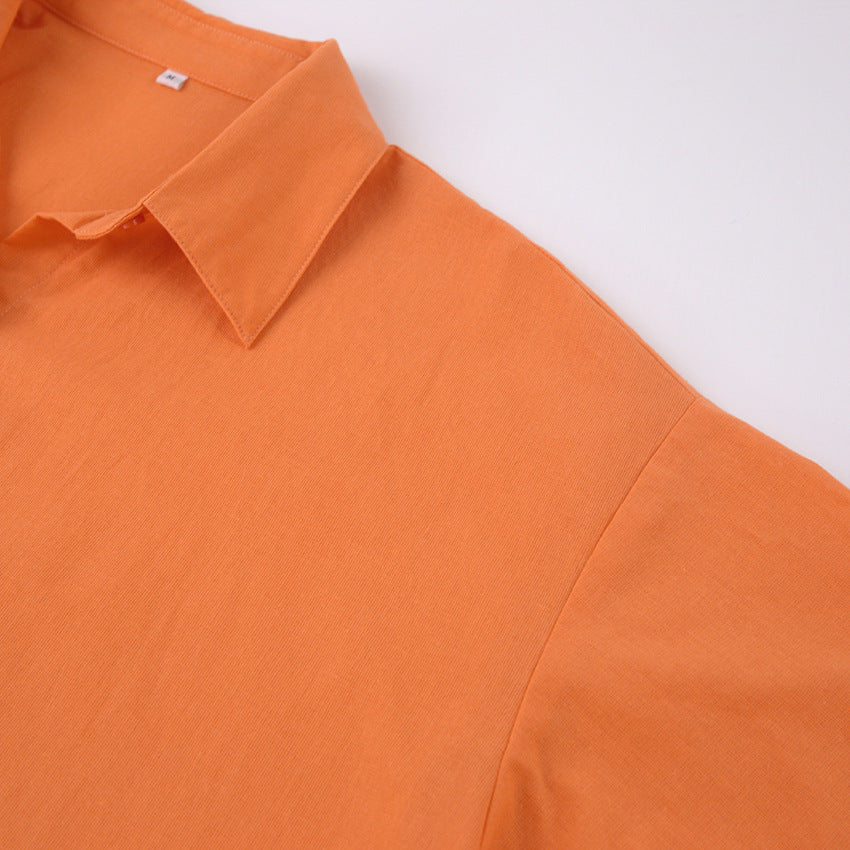 Summer Short Sleeves Orange Shirts and Wide Leg Pants Two Pieces Suits