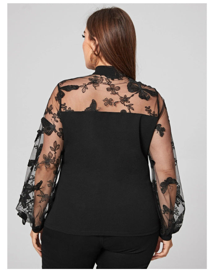 Black Tulle Plus Size Women Long Sleeves Shirts