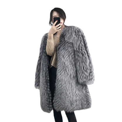 Luxury Winter Warm Artificial Fox Fur Long Overcoat for Women