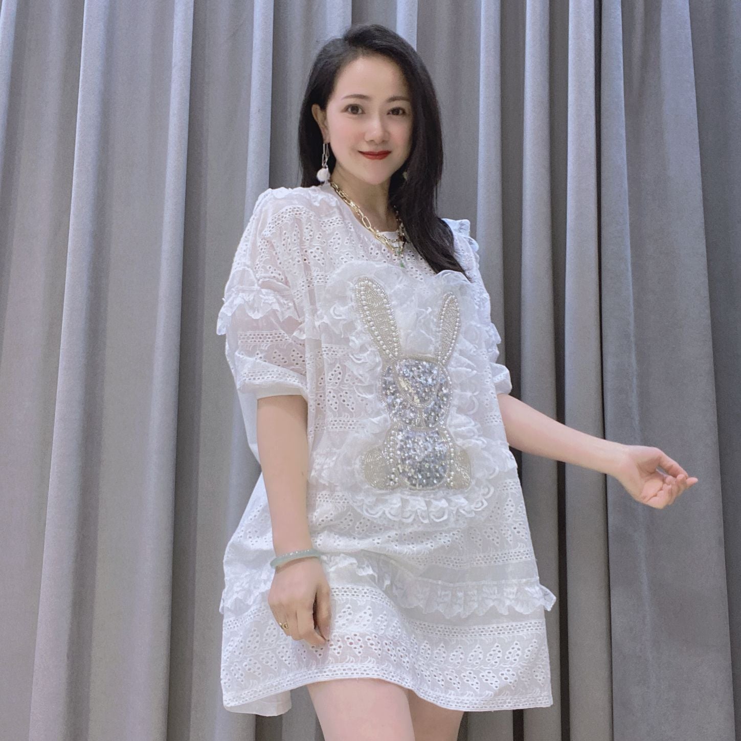 Summer Women Embroidery Pearl Plus Sizes Long Blouses