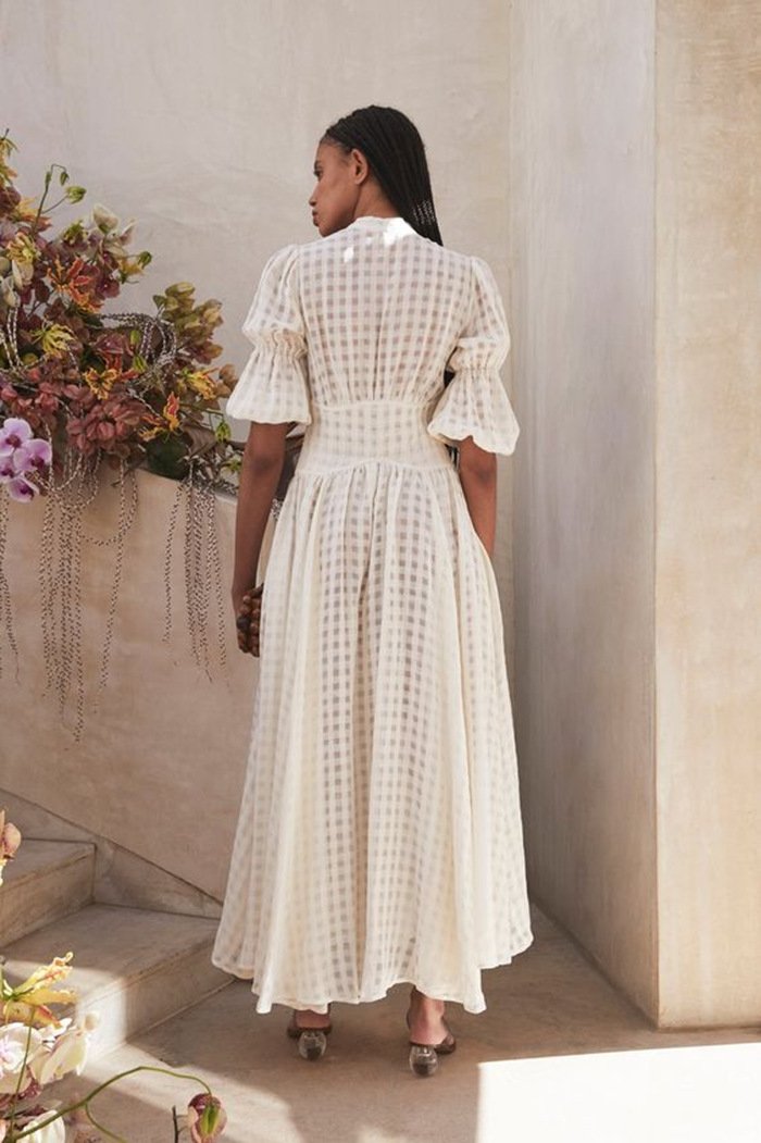 White Classy High Waist Plaid Long Dresses-STYLEGOING