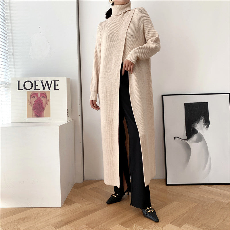 Designed High Neck Split Knitted Pullover Long Dresses