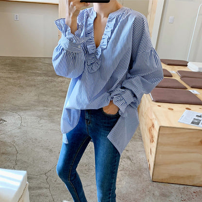 Casual Striped Ruffled Fashion Long Sleeves Shirts