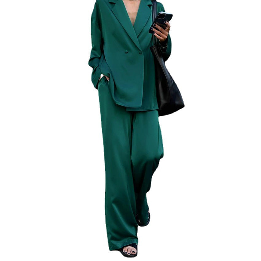 Casual Long Sleeves Blazers and Pants Green Fall Outsuits