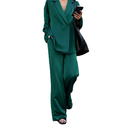 Casual Long Sleeves Blazers and Pants Green Fall Outsuits
