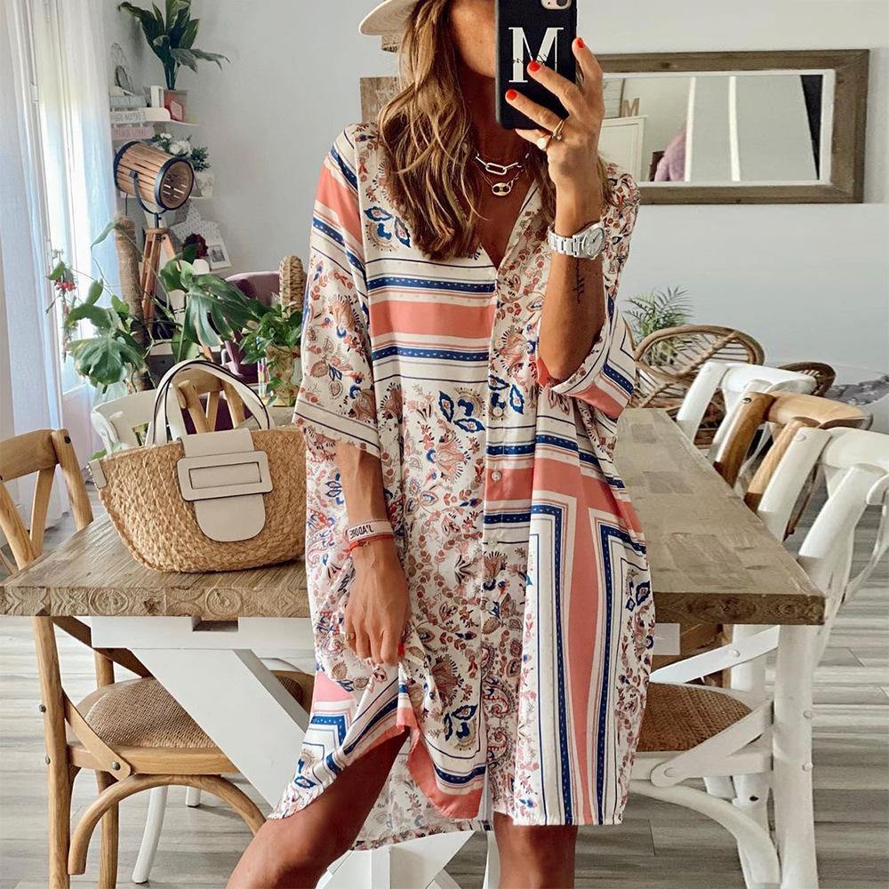 Summer Loose Geometry Polo Neck Dresses-STYLEGOING