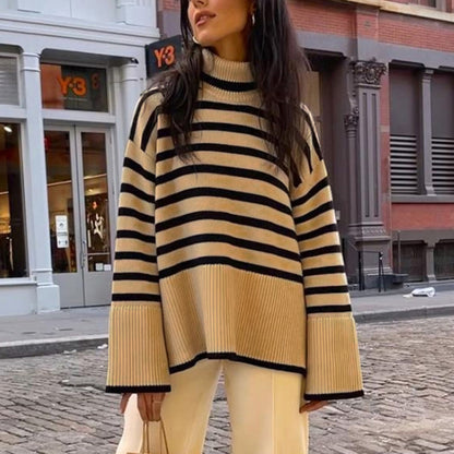 Women High Neck Knitting Striped Sweaters