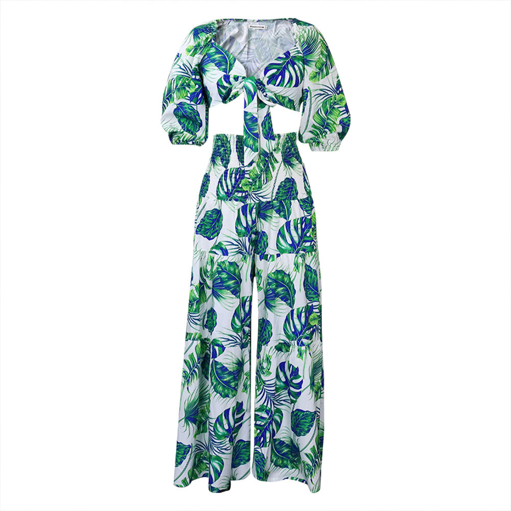 Casual Leaf Print Two Pieces Women Suits