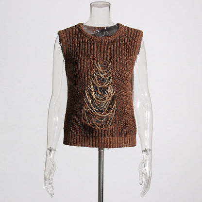 Vintage Brown Knitted Tank Top Vest for Women