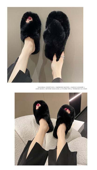 Crossed Plush Winter Slippers for Women