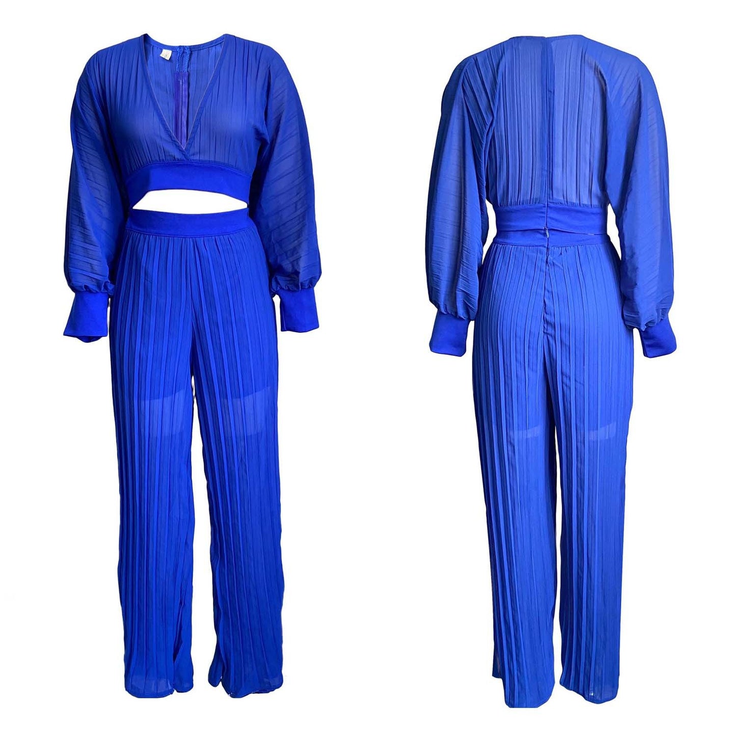 Sexy Women Two Pieces Long Sleeves Short Tops and Wide Legs Pants