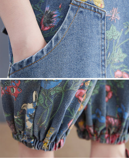 Casual Floral Print Women Denim Suspender Pants