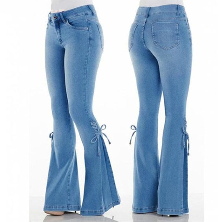 Casual Women Natural Waist Elastic Trumpet Denim Jeans-Dark Blue-S-Free Shipping at meselling99