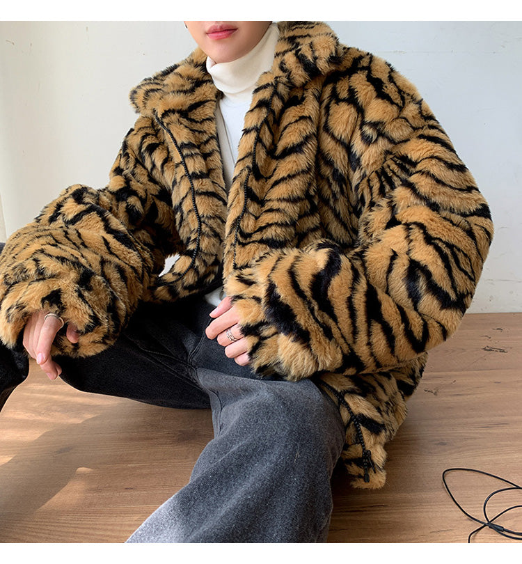 Casual Vintage Artificial Fur Tiger Print Overcoat for Men