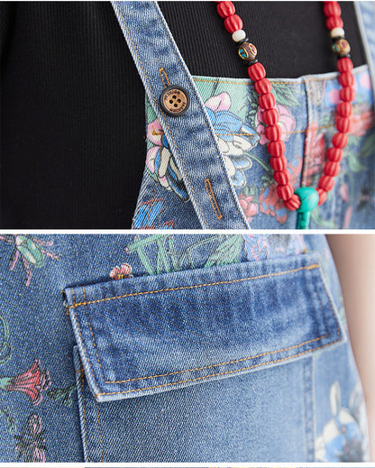 Casual Floral Print Women Denim Suspender Pants