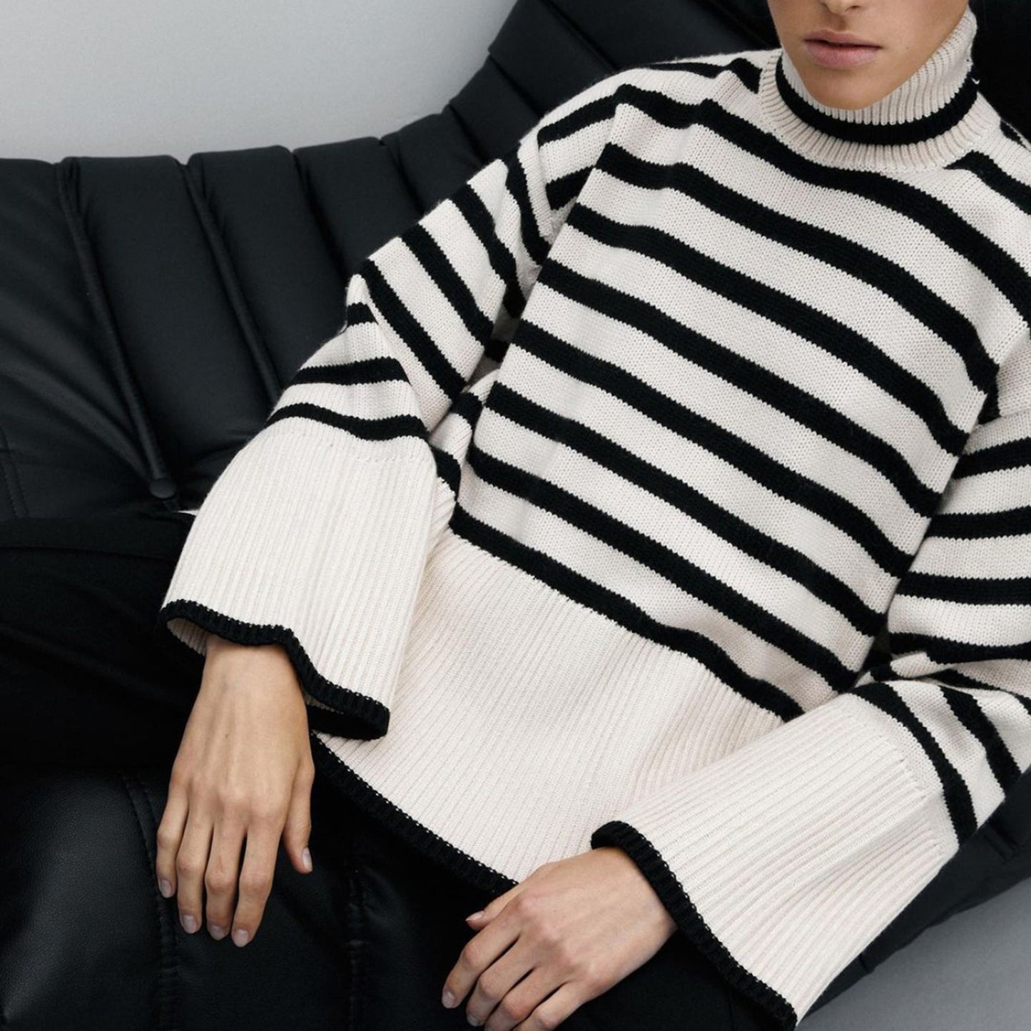 Women High Neck Knitting Striped Sweaters