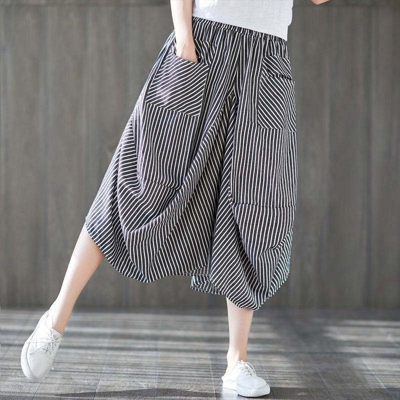 Summer Striped Elastic Waist Lantern Pants