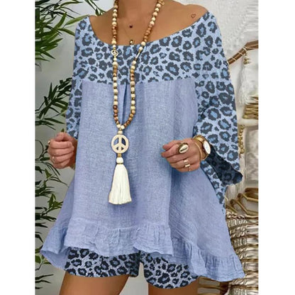 Plus Size Sumemr Leopard Linen Blouses&Shorts Suits-STYLEGOING