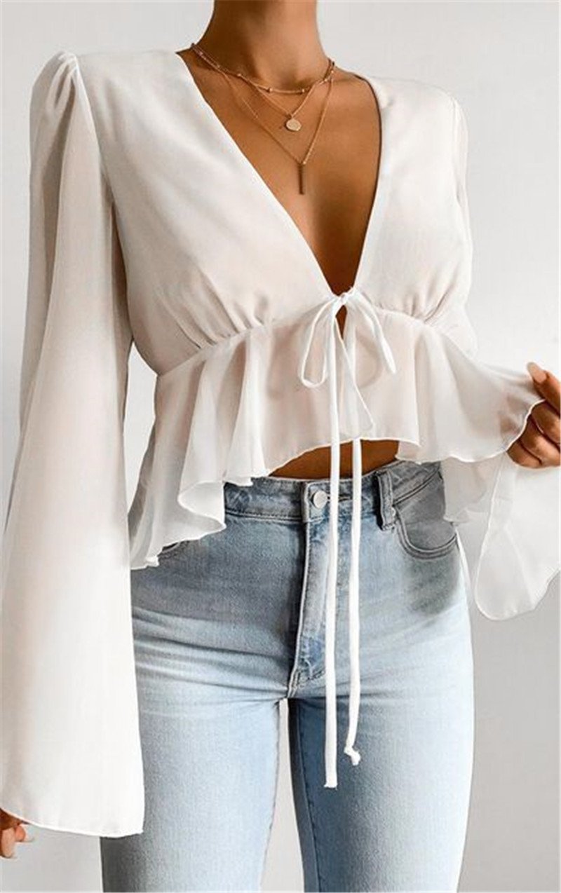 Sexy Women Summer Chiffon Deep V Neck Shirts--Free Shipping at meselling99