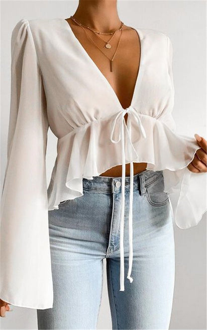 Sexy Women Summer Chiffon Deep V Neck Shirts--Free Shipping at meselling99