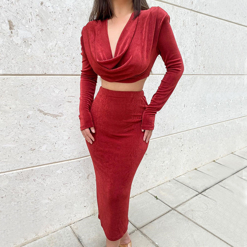 Sexy High Waist Long Sleeves Midriff Baring 2pcs/Set