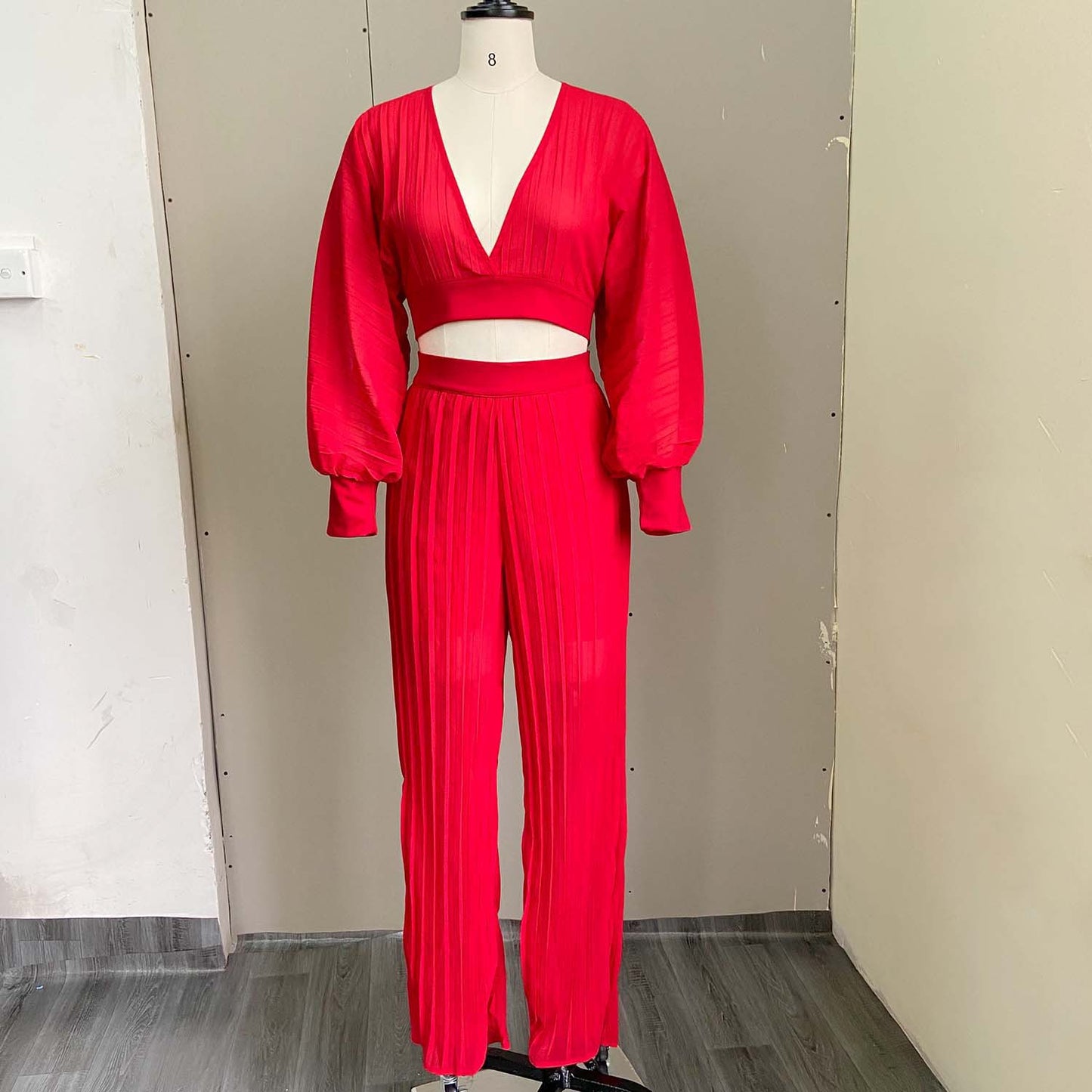 Sexy Women Two Pieces Long Sleeves Short Tops and Wide Legs Pants
