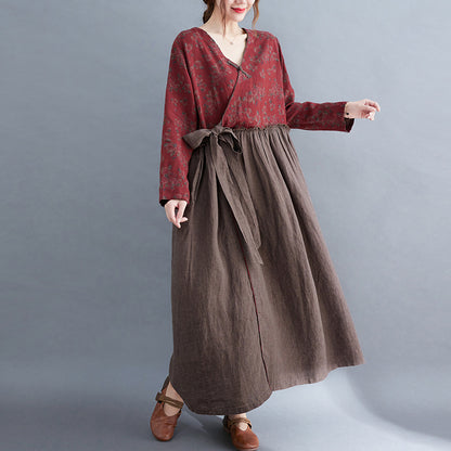 Vintage V Neck Flower Designed Slim Waist Long Maxi Dresses