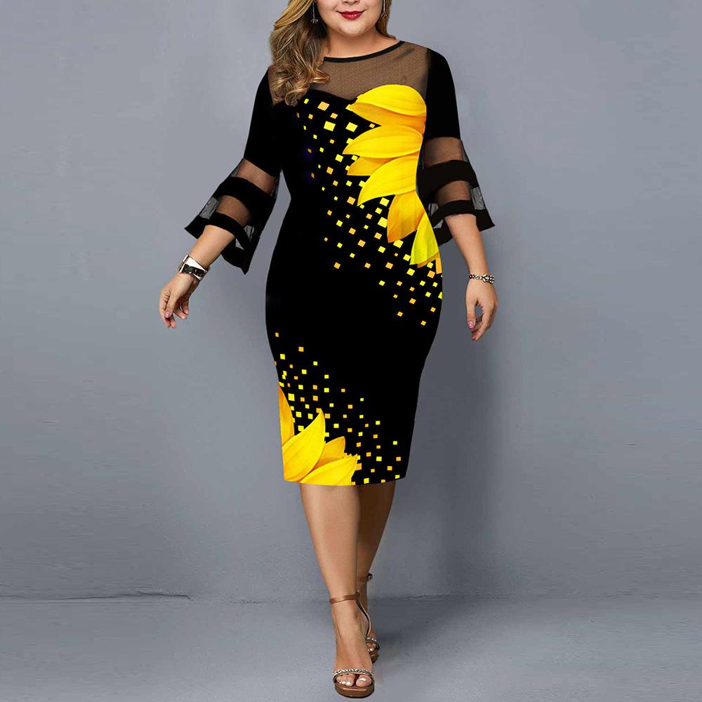 Women Floral Print Plus Sizes Net Fall Dresses