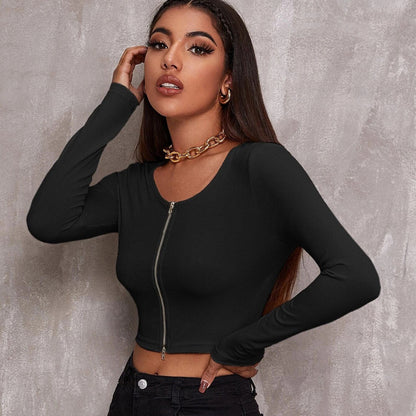 Sexy Zipper Knitted Long Sleeves T Shirts