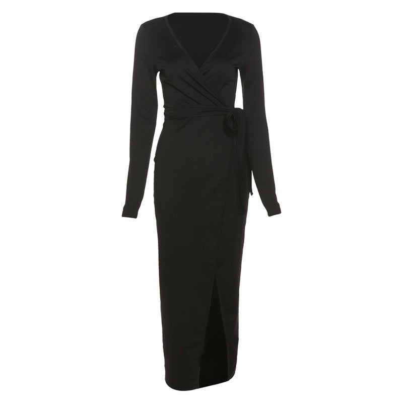 Sexy Black Split Front Long Sleeve Dresses