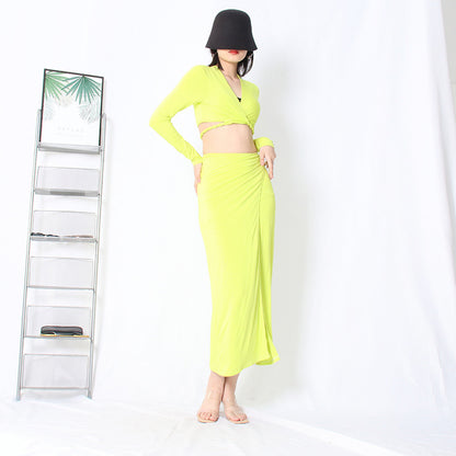 Sexy V Neck Long Sleeves Top and Split Front Skirt Sets