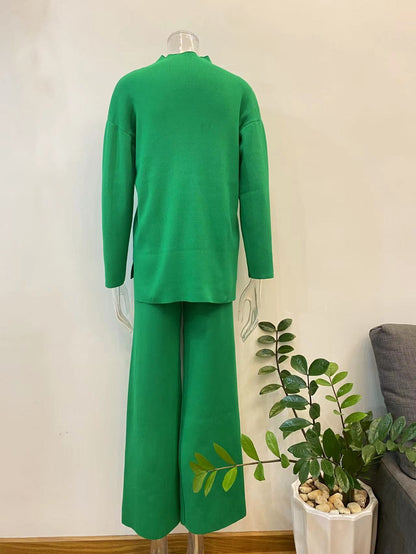 Winter Long Sleeves Knitted Tops and Wide Leg Pants