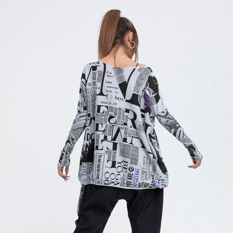 Casual Newspaper Pattern Women Loose Long Sleeves Shirts