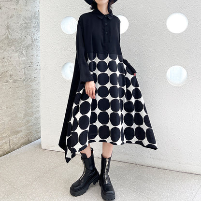 Vintage Dot Print Black Long Sleeves A Line Shirts Dresses
