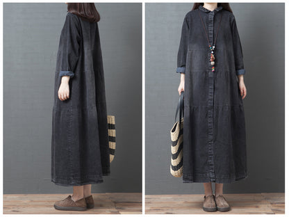 Casual Denim Polo Neck Plus Sizes Long Maxi Dresses