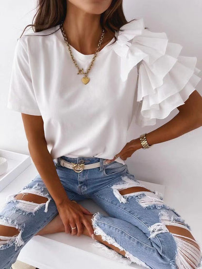 Casual Ruffled Design Women Short Sleeves T Shirts