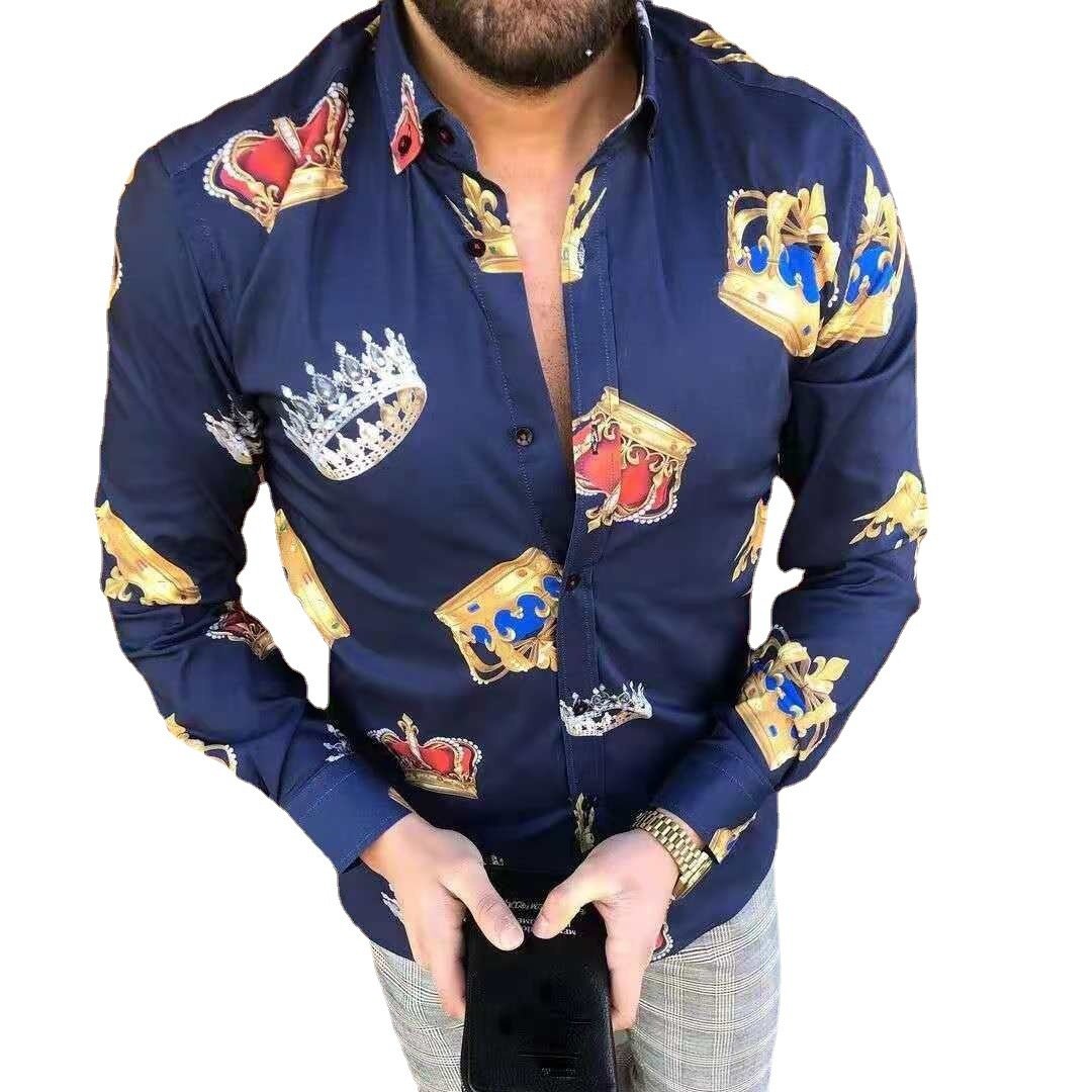 Navy Blue Crown Print Long Sleeves Casual Shirts for Men-STYLEGOING