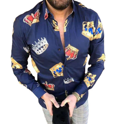 Navy Blue Crown Print Long Sleeves Casual Shirts for Men-STYLEGOING