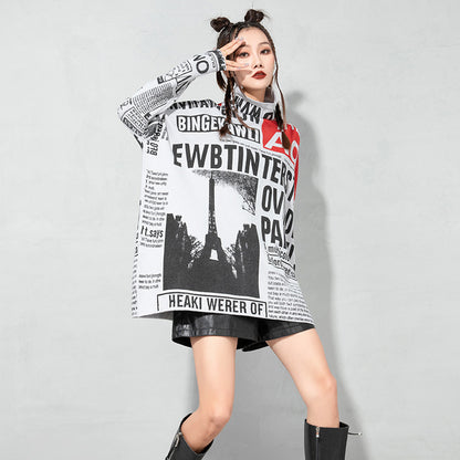 Plus Sizes Turtleneck Newspaper Print Women Sweaters