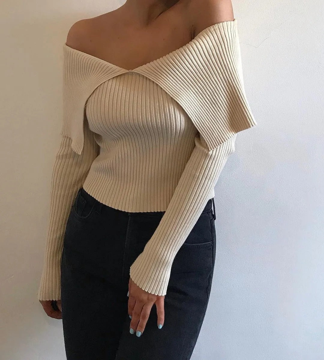 Sexy Off The Shoulder Knitting Long Sleeves Sweaters