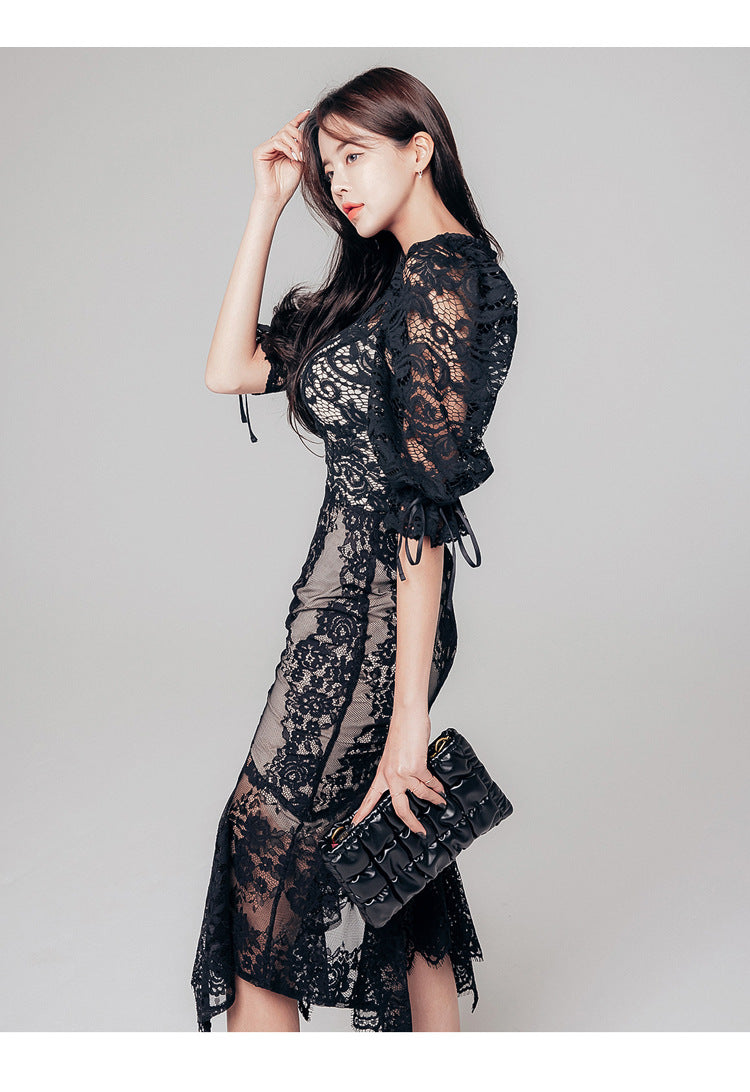 Sexy Puff Sleeves Two Pieces Black Lace Party Dresses