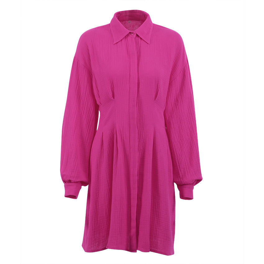 Rose Red Cotton Long Sleeves Short Women Shrit Dresses