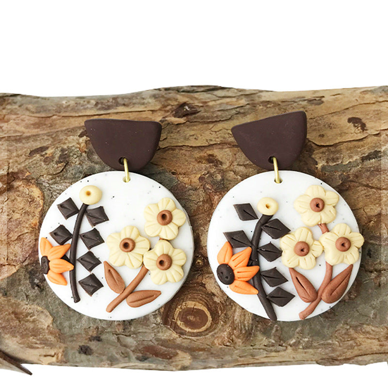 Engraved Flowers Handmade Clay Earrings for Women