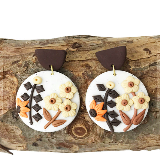 Engraved Flowers Handmade Clay Earrings for Women