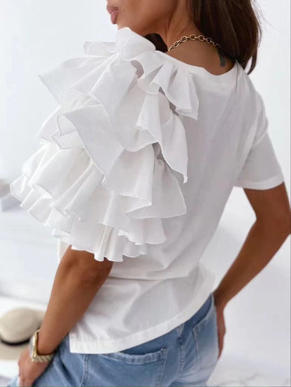 Casual Ruffled Design Women Short Sleeves T Shirts