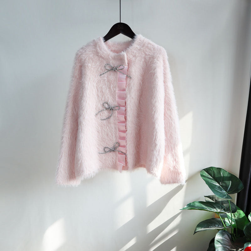 Lovely Mink Wool Bowknot Design Women Overcoat