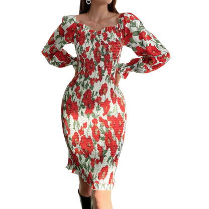 Sexy Red Flowers Long Sleeves Dresses
