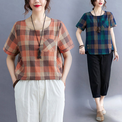 Casual Linen Short Sleeves Women Blouses