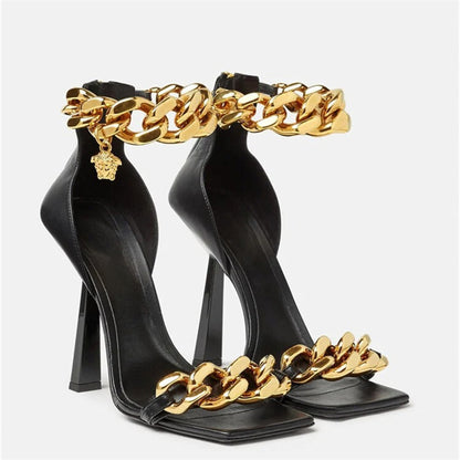 Women Metal Chains Plus Sizes Summer High Heels Sandals
