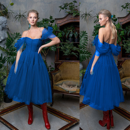 Blue Off The Shoulder Tulle Princess Dresses